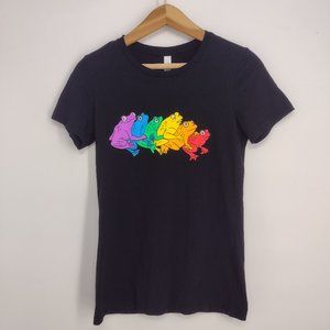 Group Of Frogs Having Sex Psychedelic Rainbow Multicolored Black Shirt Womens L